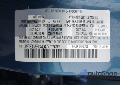 2015 Mazda Cx-9 Grand Touring from USA, damaged, VIN JM3TB3DV5F0449477